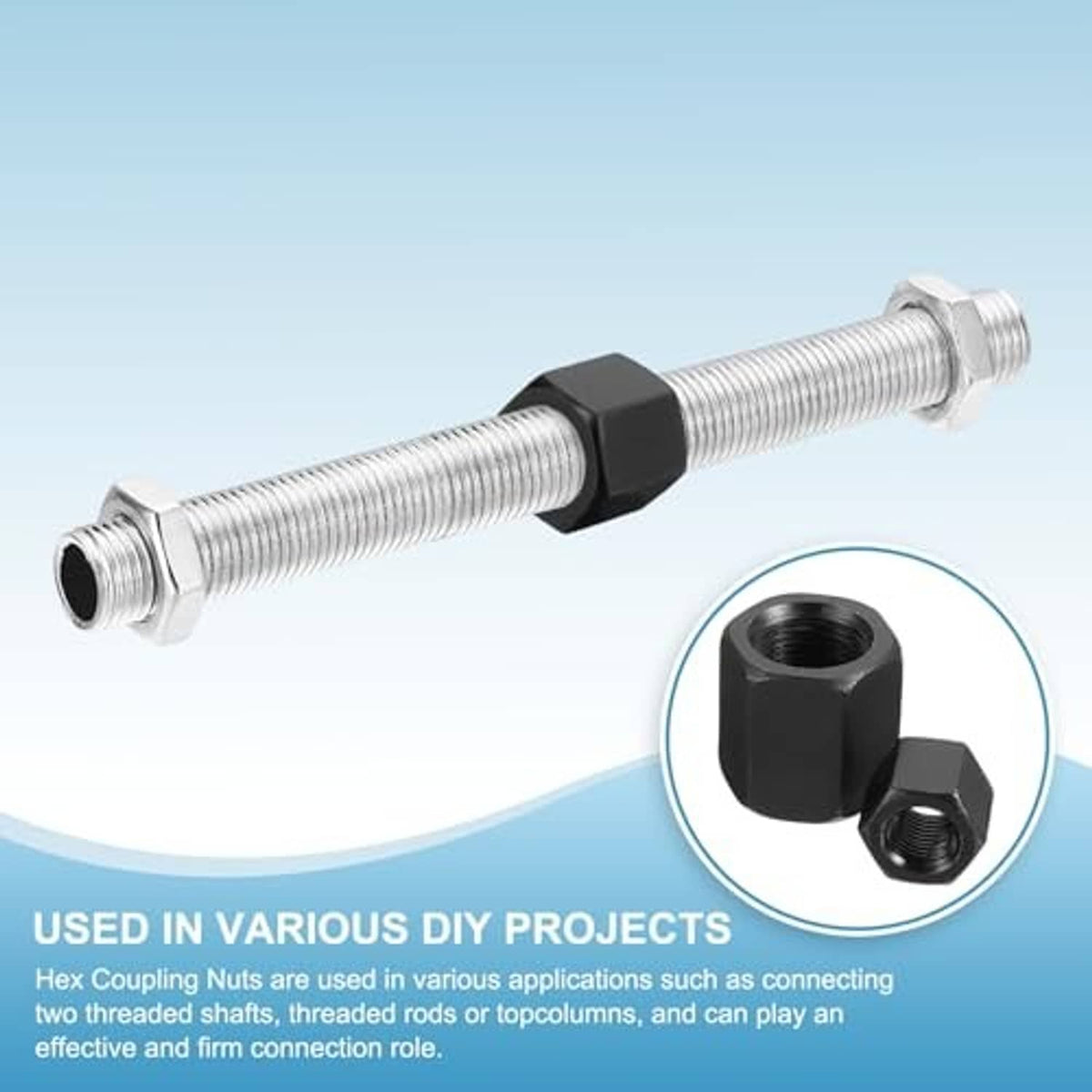 Hex coupling nuts (M16 x 1.5) on threaded rod, black nuts with internal threads