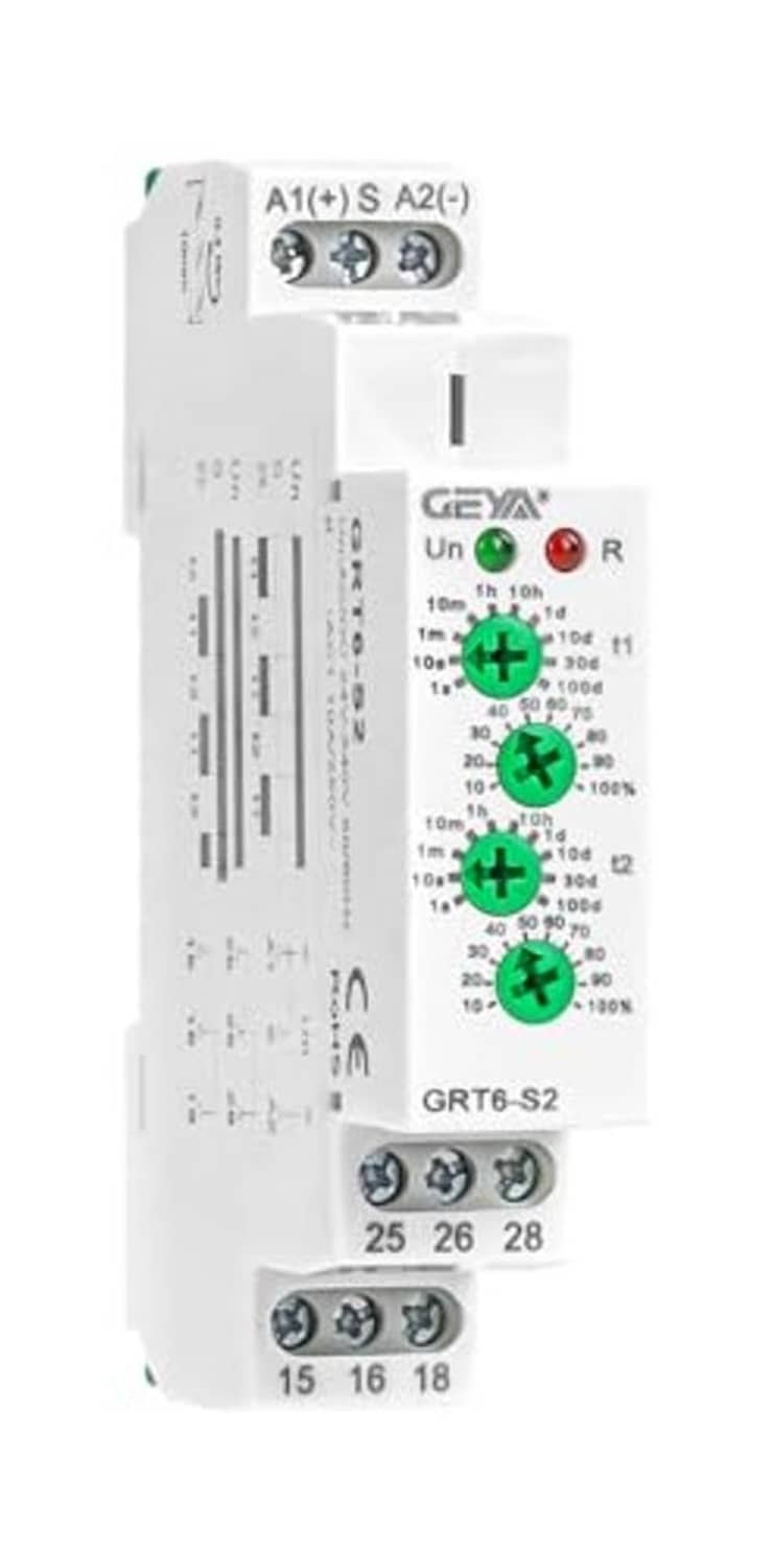 White time-delay relay front view with A1/A2, S/R markings and green setting scale