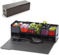 Black recipe prep and storage station with organizer trays and fold-out cutting board