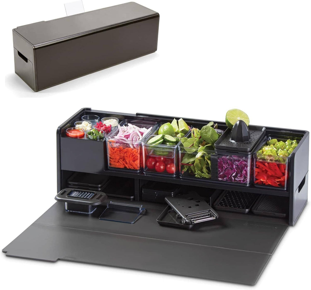 Black recipe prep and storage station with organizer trays and fold-out cutting board