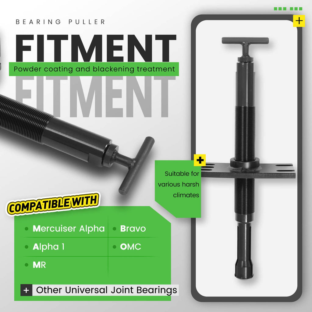 Bearing puller fitment graphic featuring black threaded rod and base plate