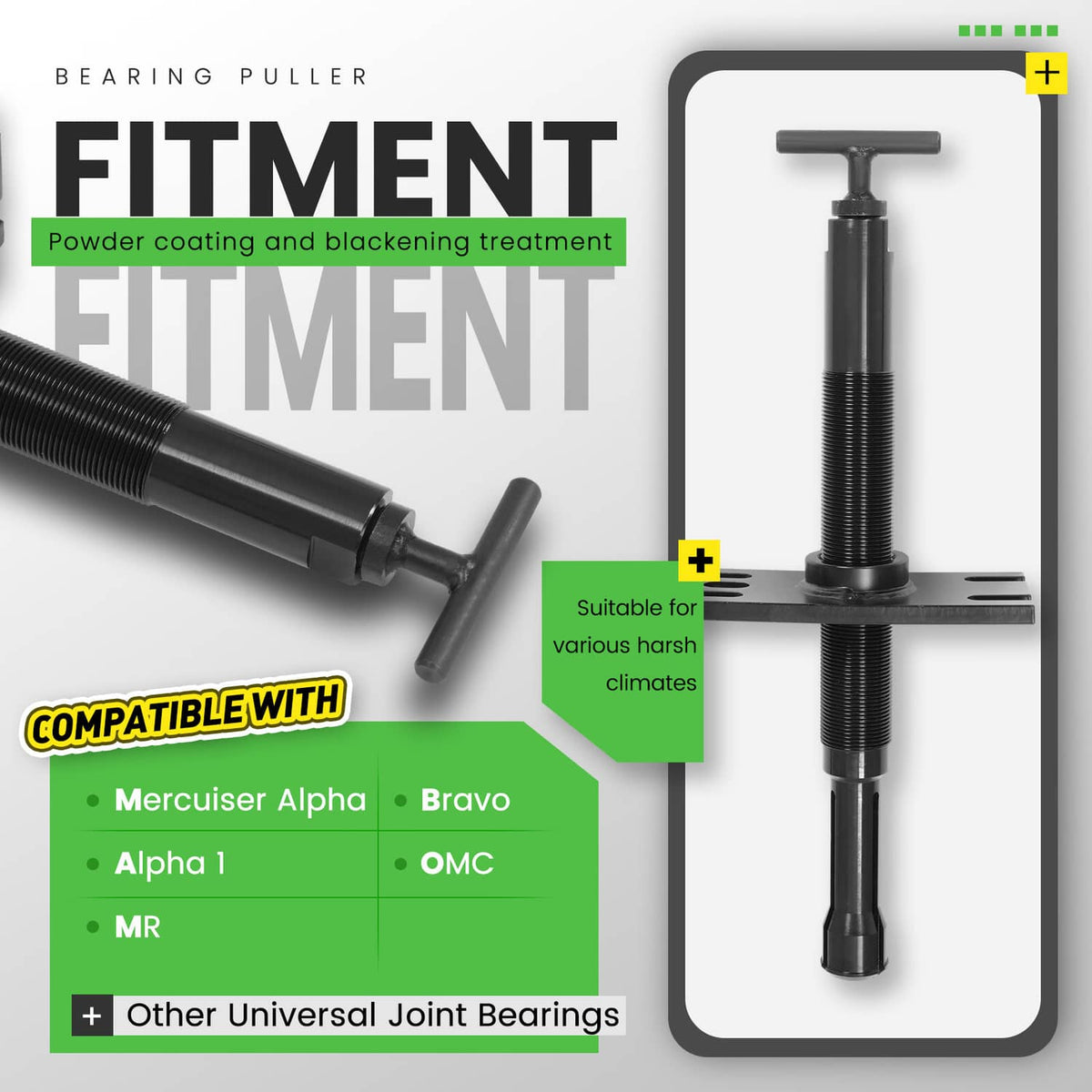 Bearing puller fitment graphic featuring black threaded rod and base plate