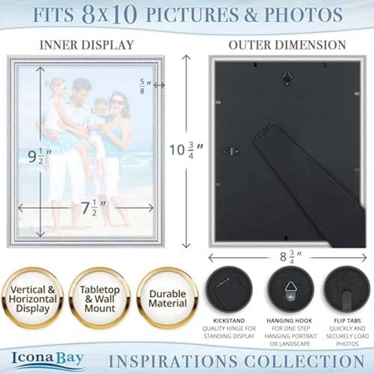8x10 picture frame size diagram showing display and outer dimensions
