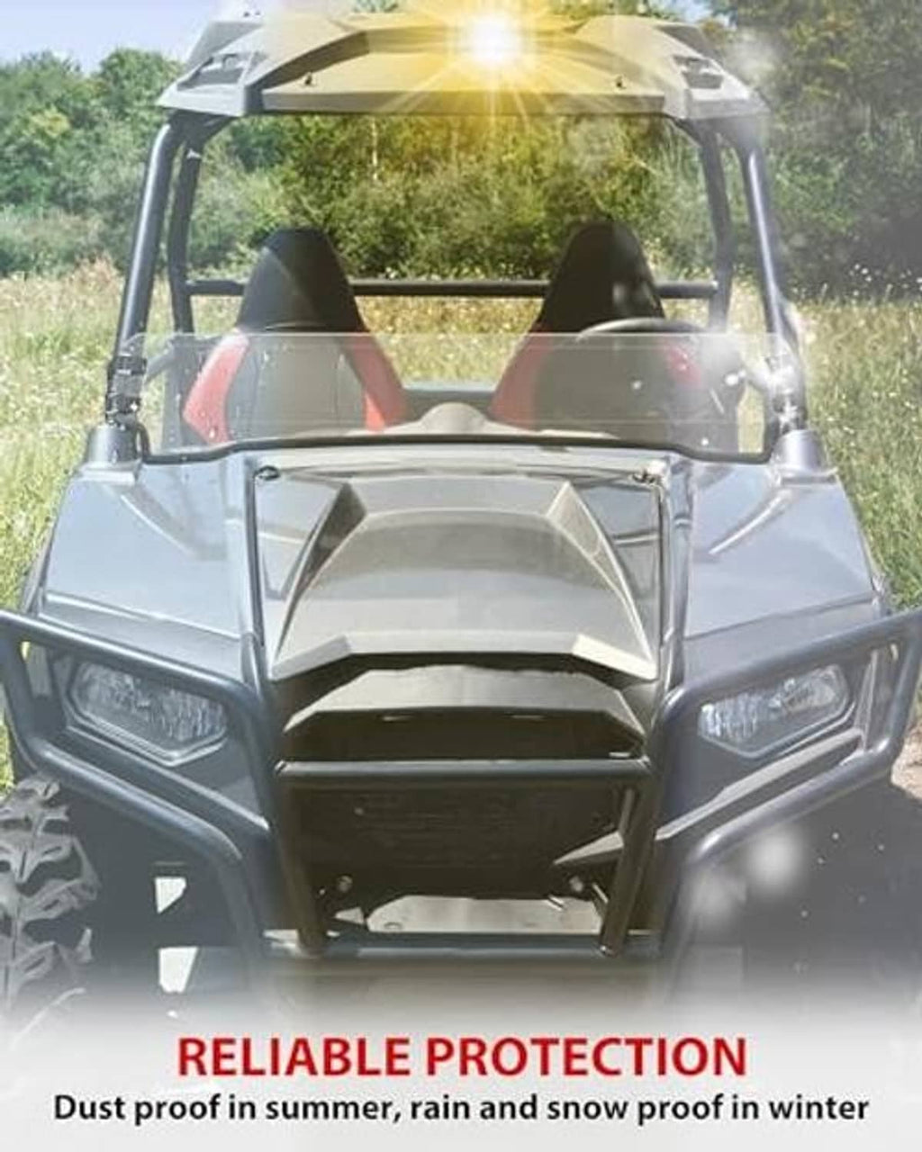 UTV front half windshield installed with clear panel and black mounting bar