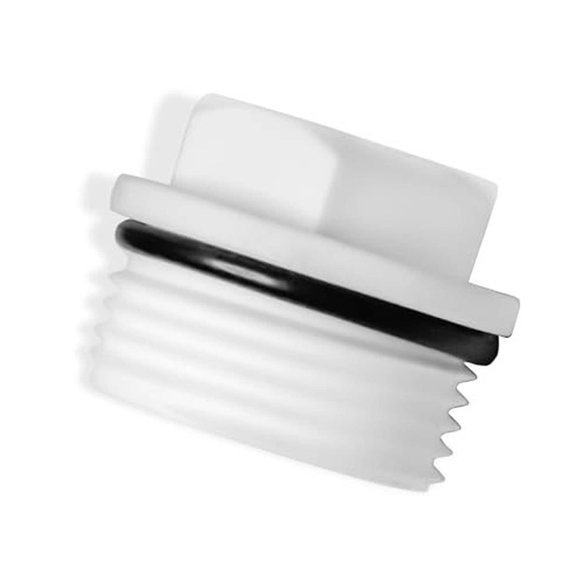 White PVC end cap with ribbed edge, black O-ring, and rectangular collar