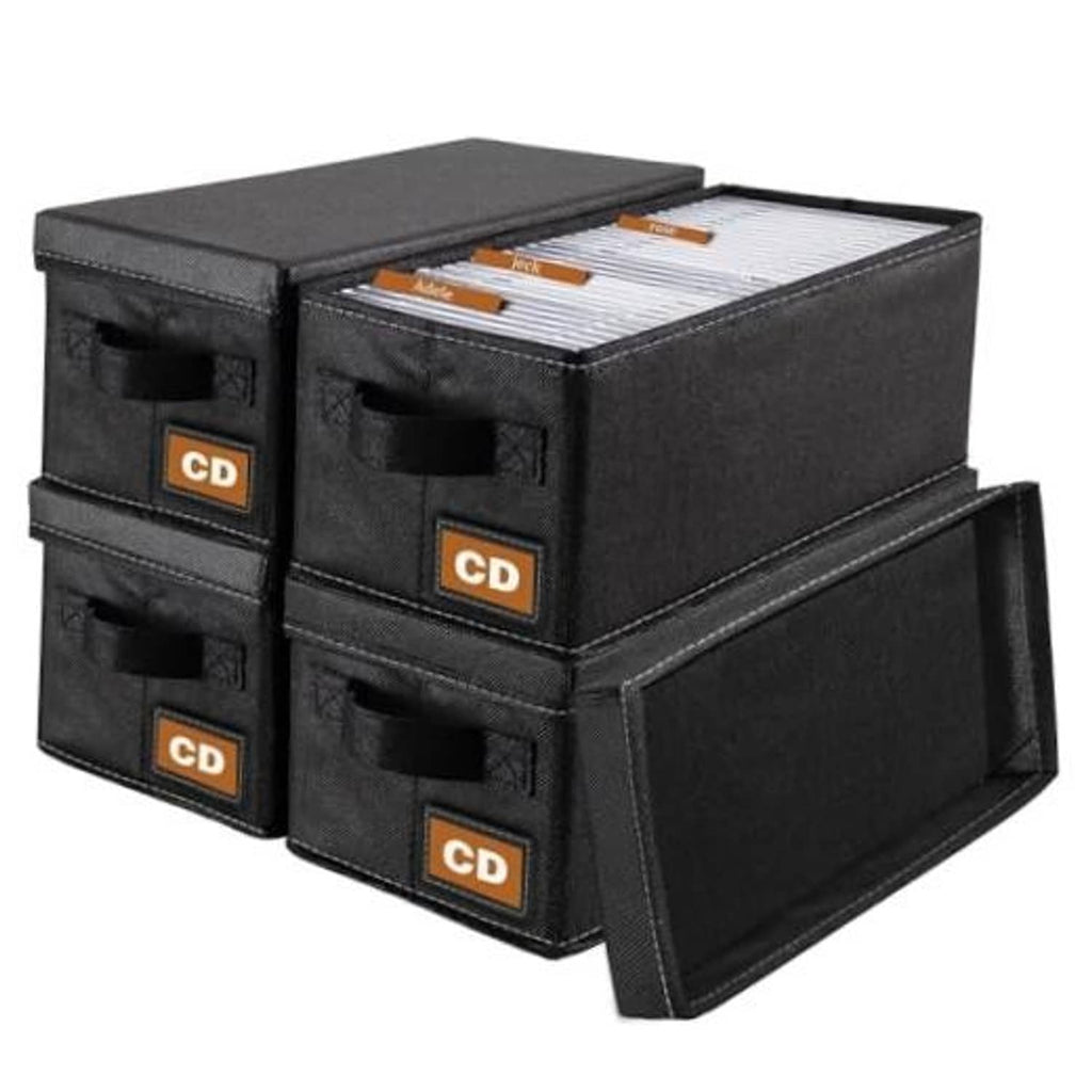 Black CD storage box case, 4-pack with orange CD label patches and front pockets
