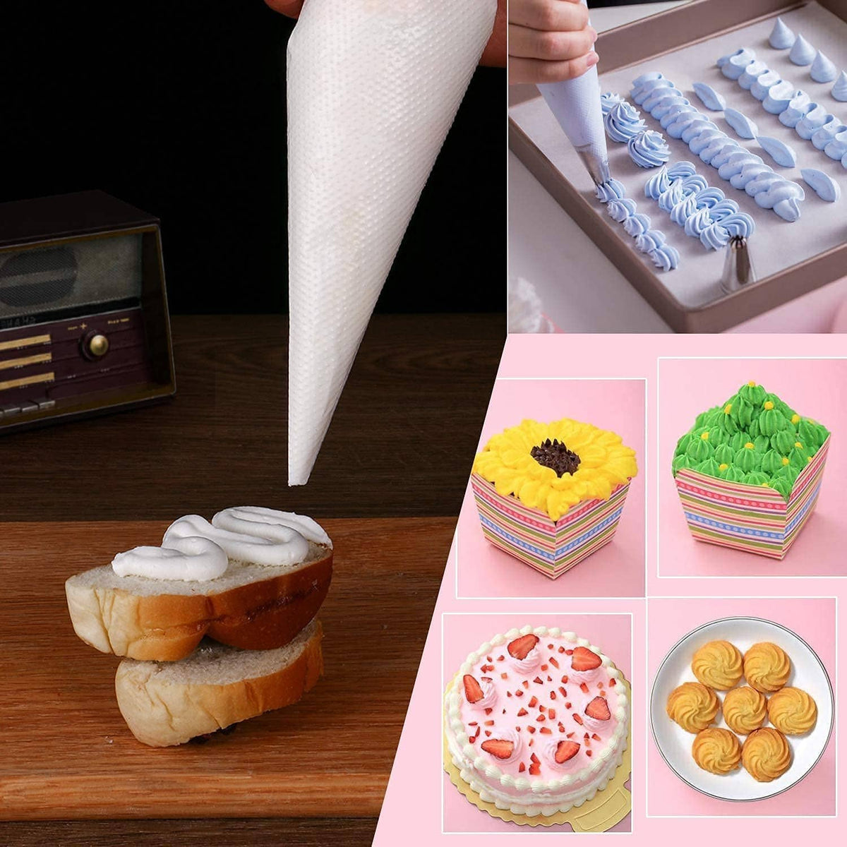 Tipless disposable piping bag standing upright beside frosted cupcakes