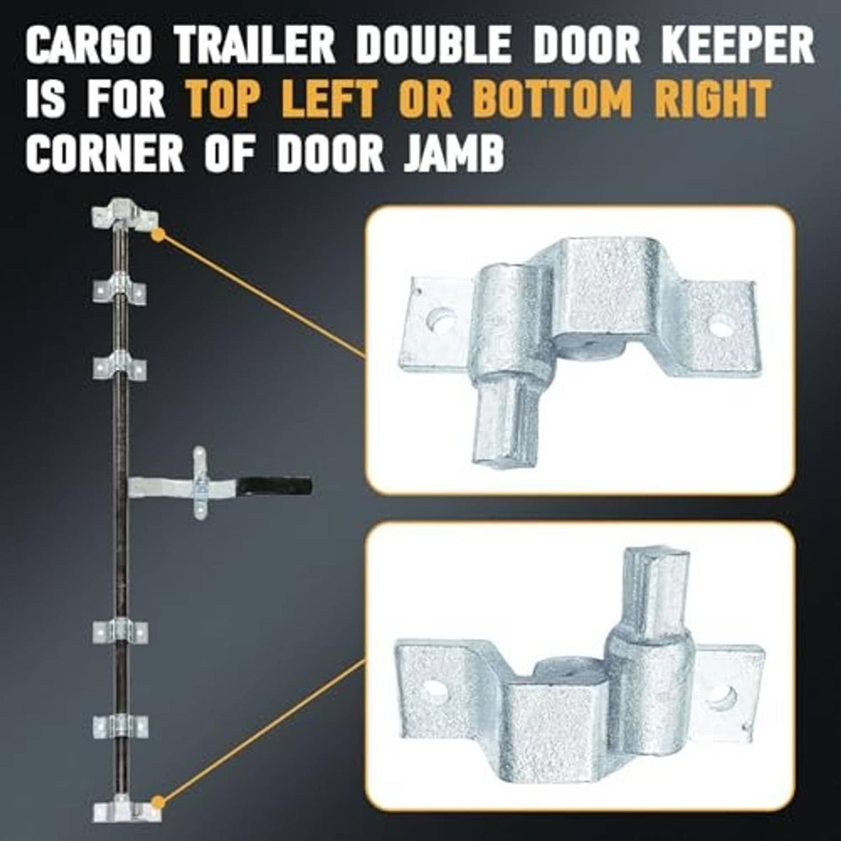 Corner cam latch keeper with mounting plate tabs and circular bolt holes