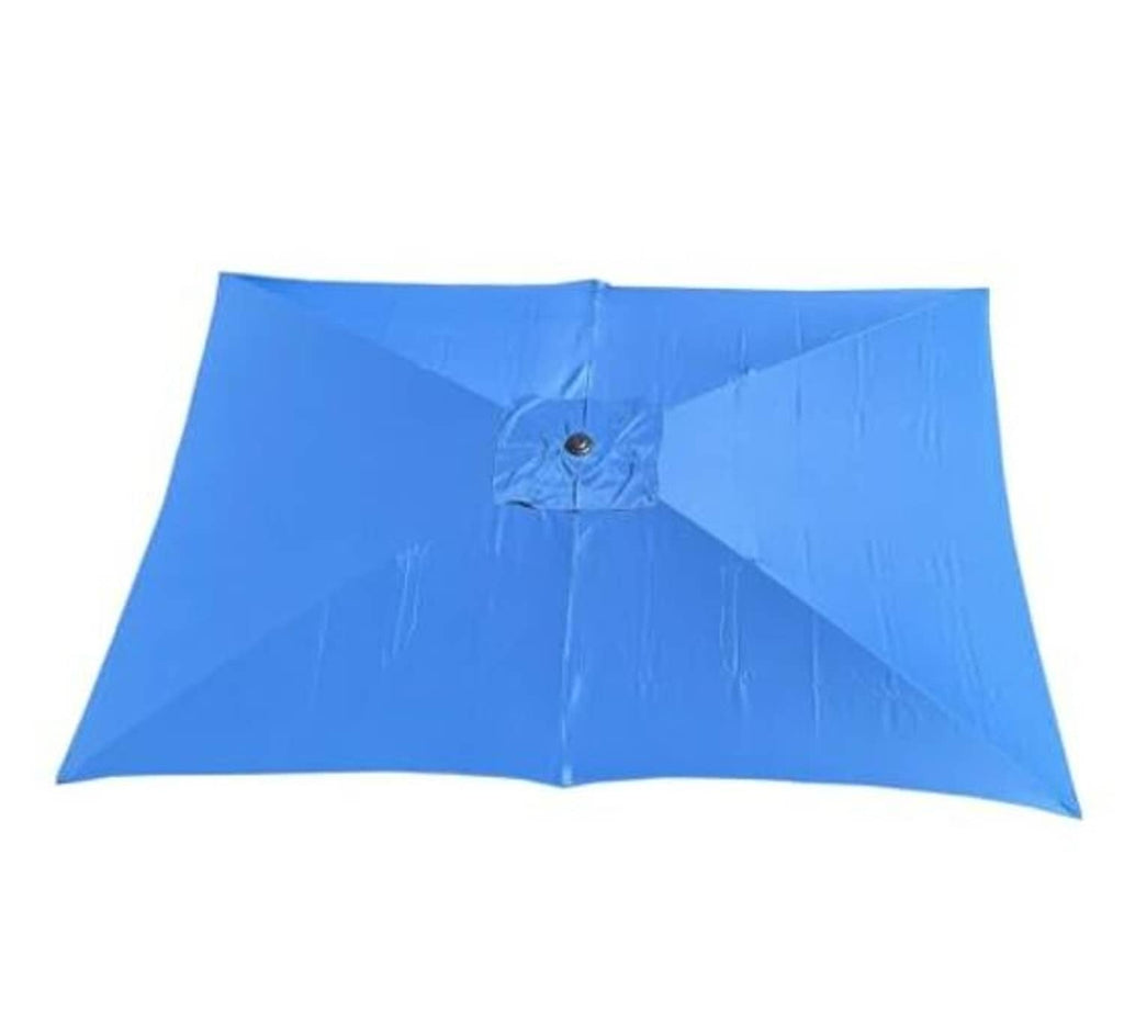 Blue rectangular replacement umbrella canopy with center button and visible stitched seams.