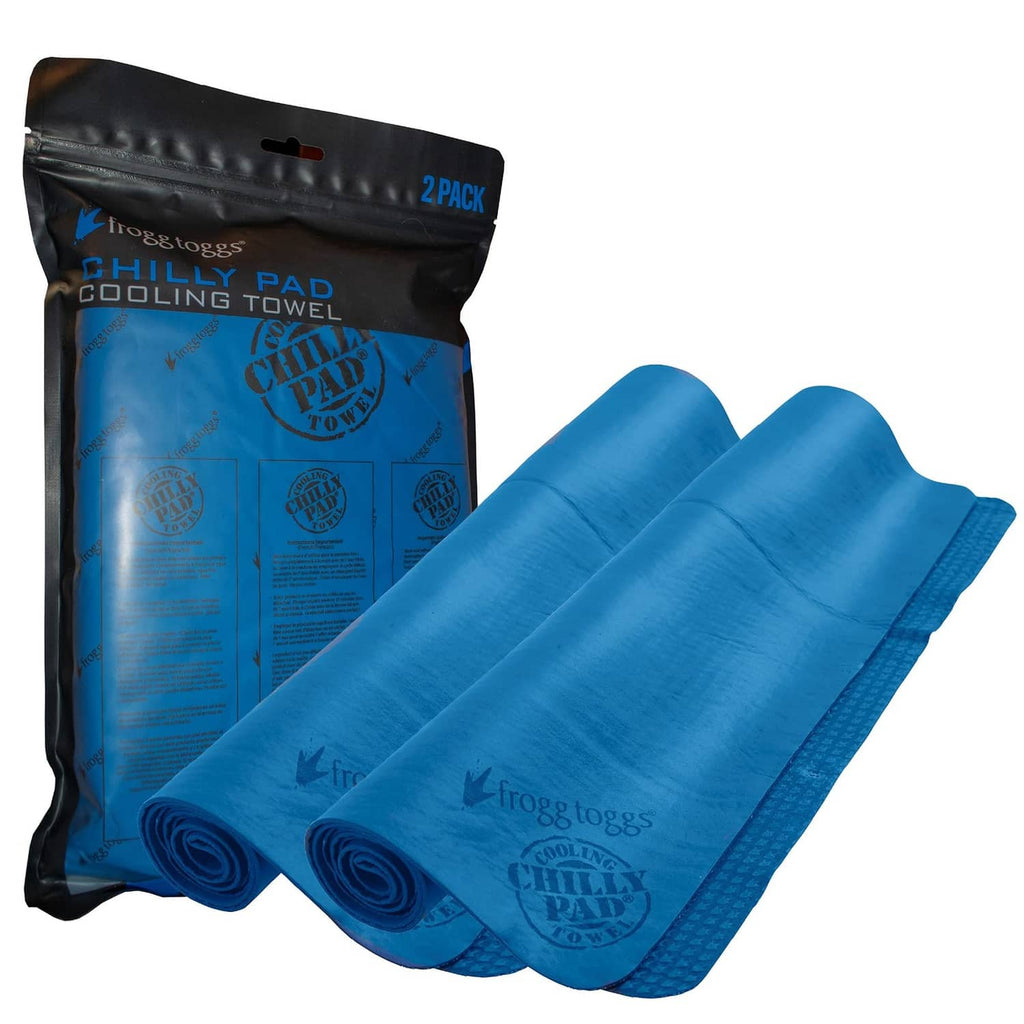 Blue cooling towels, 2-pack, rolled and stacked with textured fabric