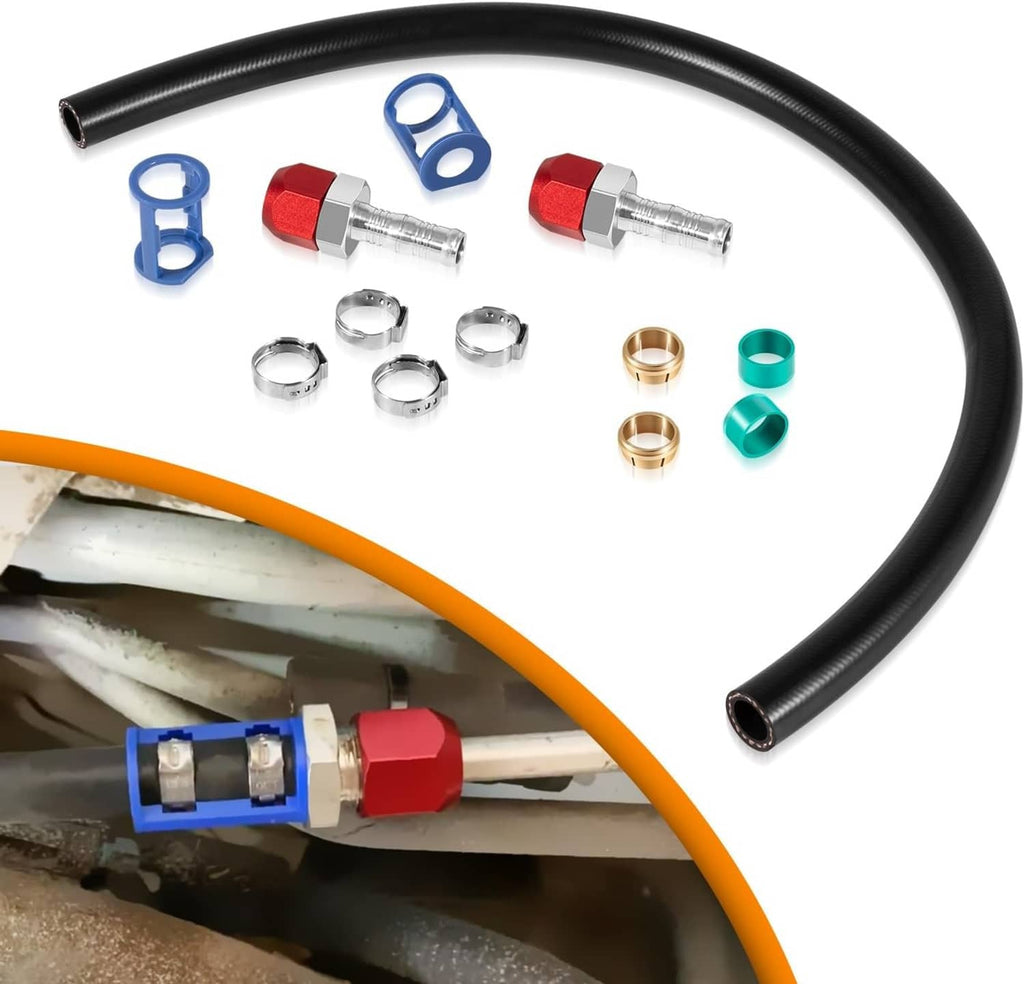 A/C line splice kit with 24-inch black hose, red fittings, blue clips, and nuts