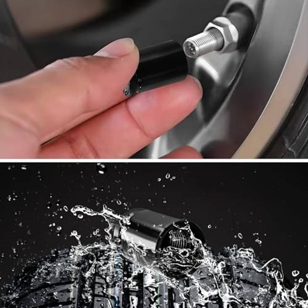 Hand holding a black bullet tire valve stem cap near a wheel valve opening.