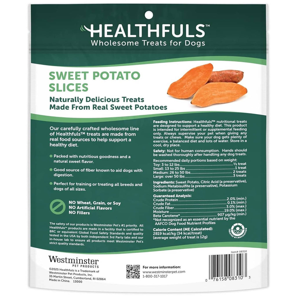 Healthfuls sweet potato slices dog treat bag, back panel with ingredients and feeding info