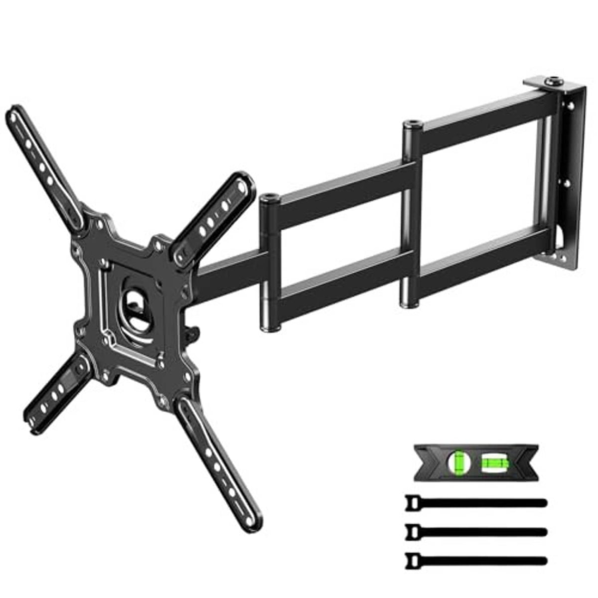 Black full motion TV wall mount with long extension arms and flat wall plate