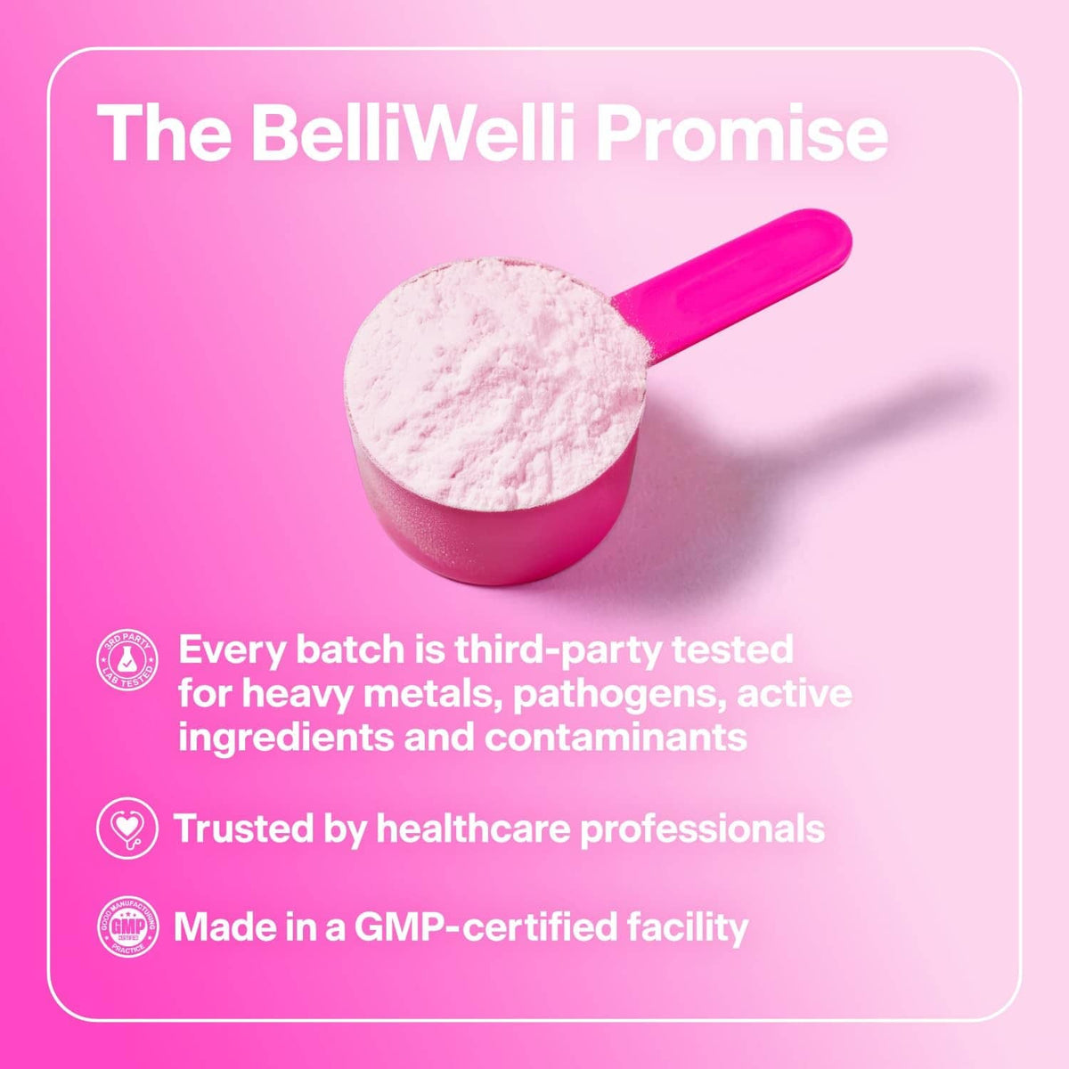 Fiber supplement powder in scoop with promise of third-party testing and GMP facility.