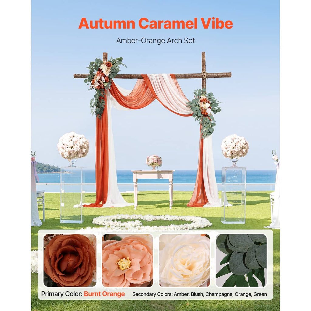 Artificial wedding arch set with floral garlands and flowing orange and white drapes