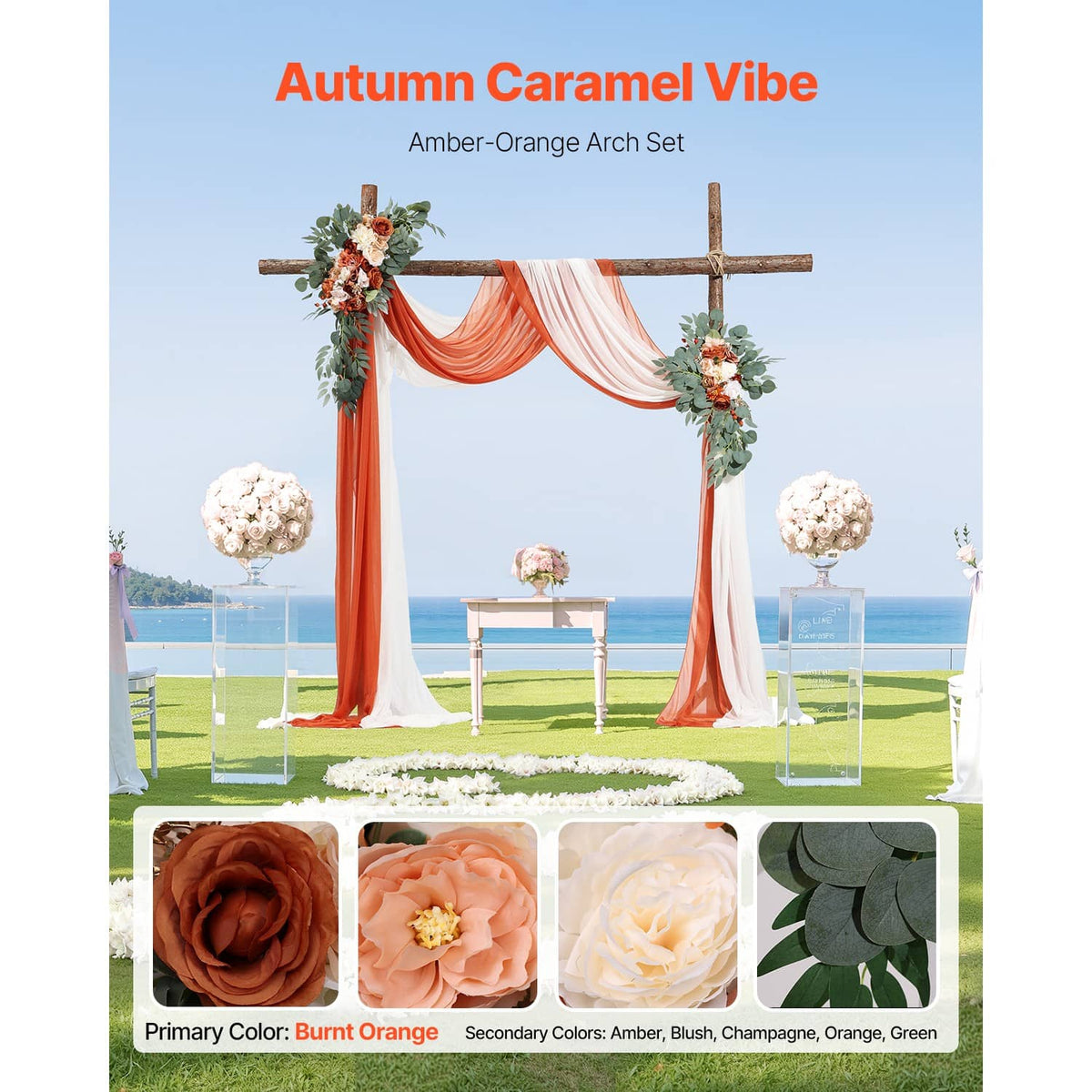 Artificial wedding arch set with floral garlands and flowing orange and white drapes