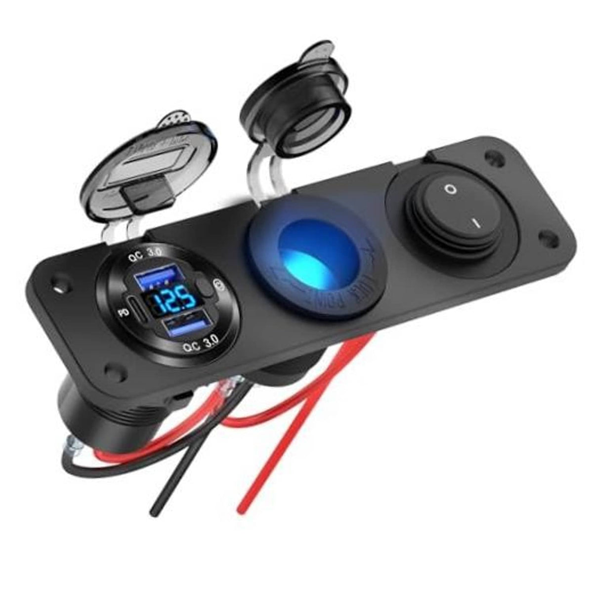 Black marine switch panel with USB ports, voltage display, and rocker power switch