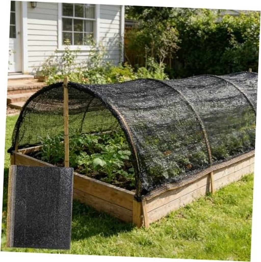 Garden sun shade mesh cloth, dark gray HDPE fabric over raised beds, arched cover