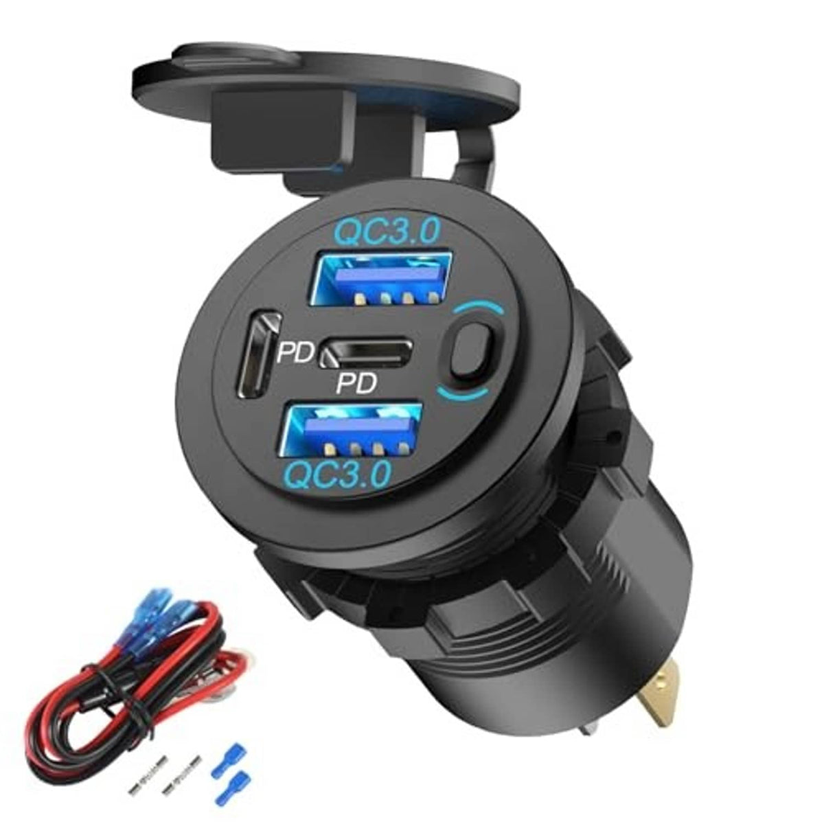 Black round 4-port car USB charger with USB-C and USB-A charging ports