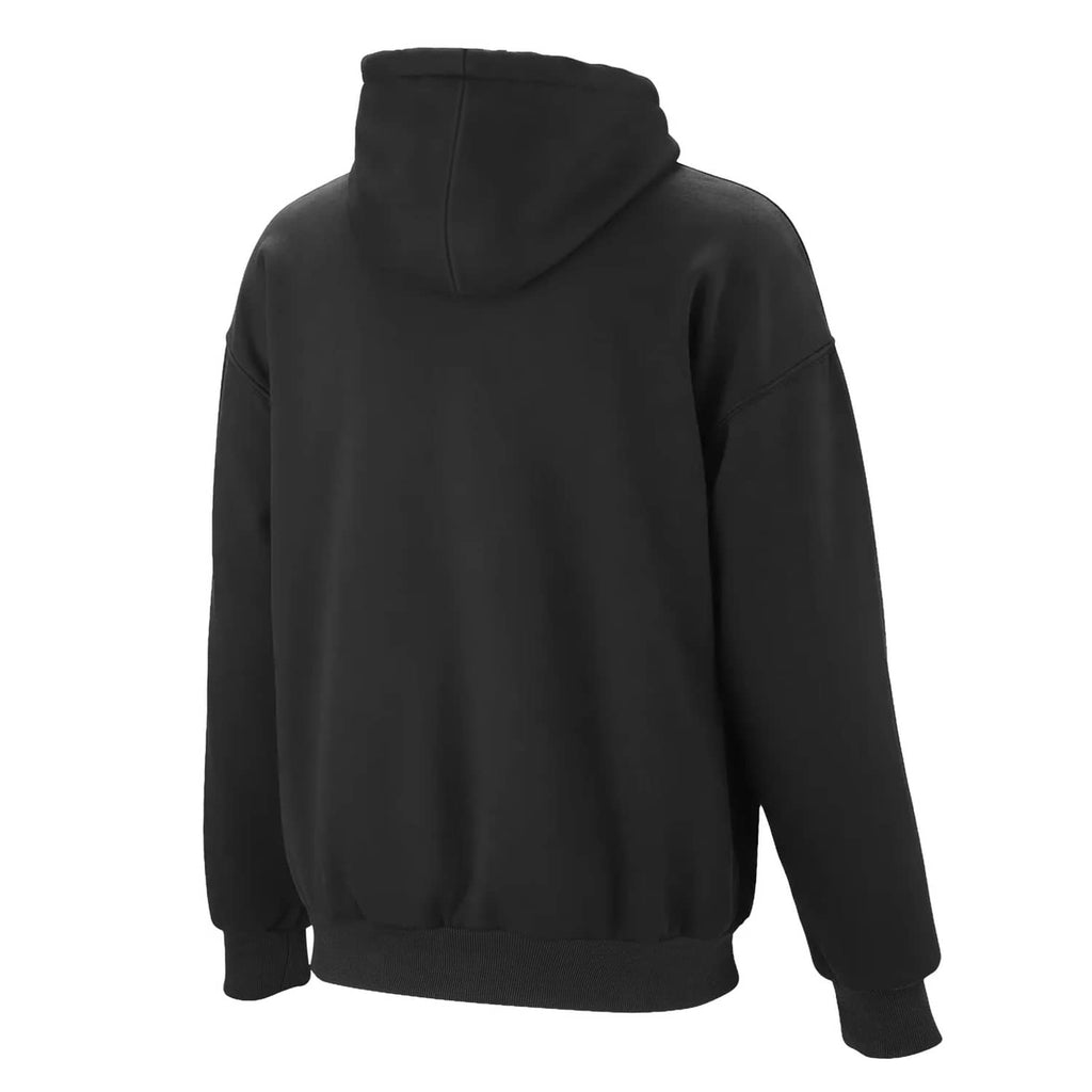 Black heated hoodie jacket with hood and full back view