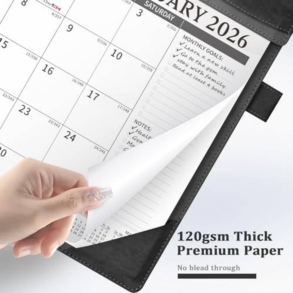Black leather desk calendar with thick premium paper and no bleed-through