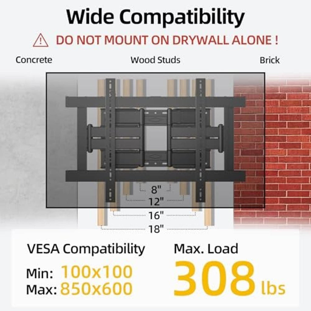 TV wall mount with slim bracket arms and VESA mounting plates, black metal