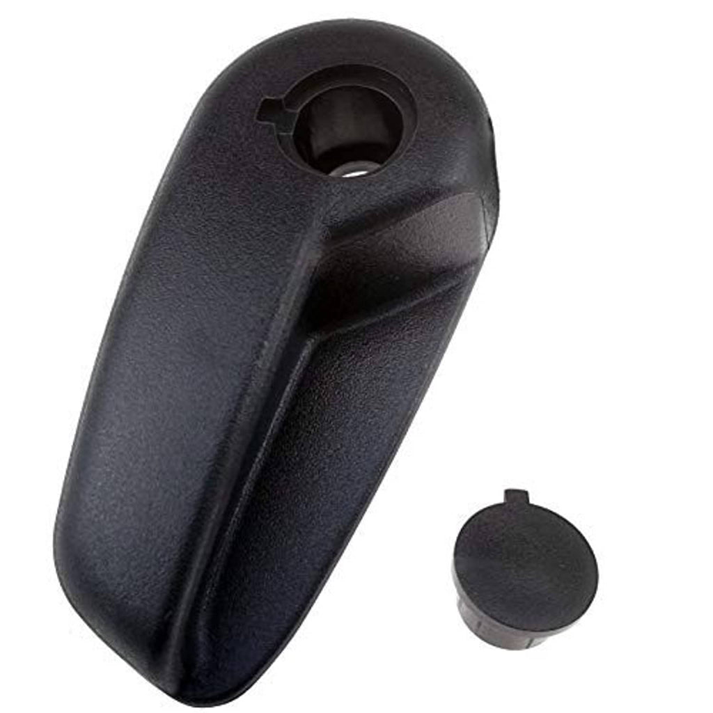Black hood release handle lever with circular opening and small round cover cap