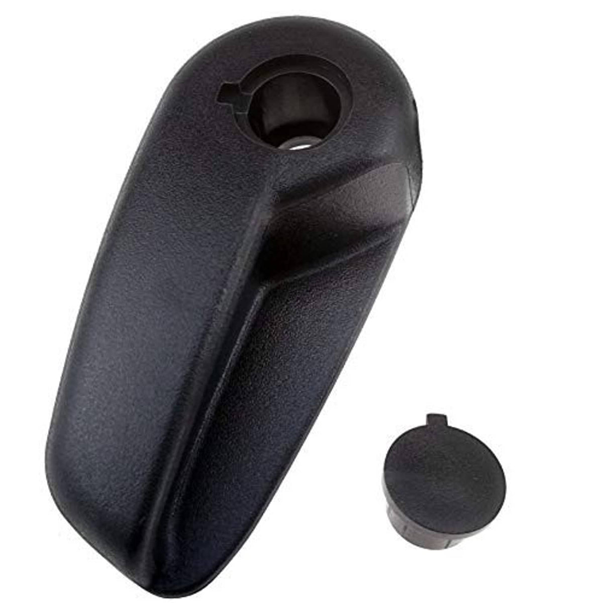 Black hood release handle lever with circular opening and small round cover cap