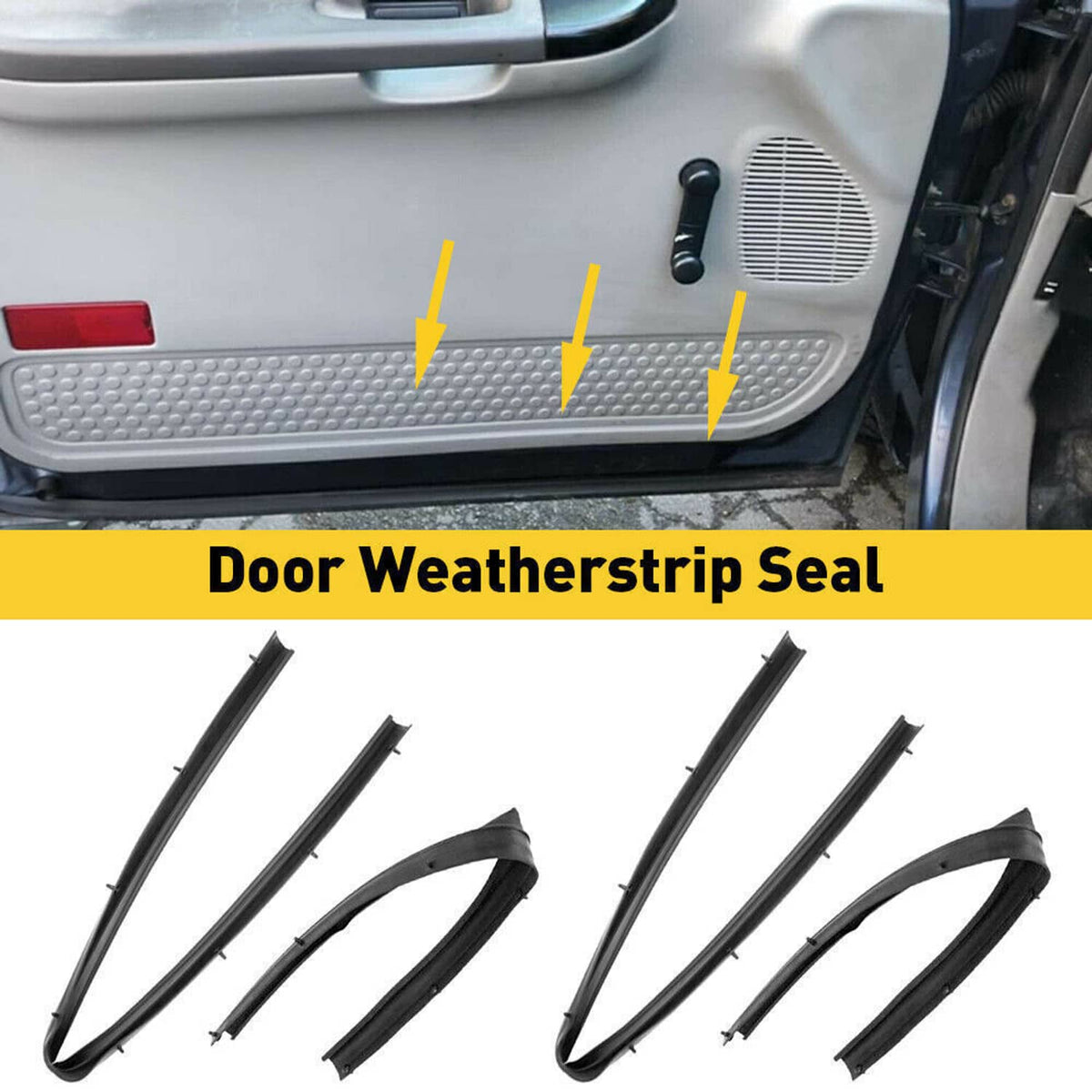 Black door weatherstrip seal along door panel opening, showing three arrows