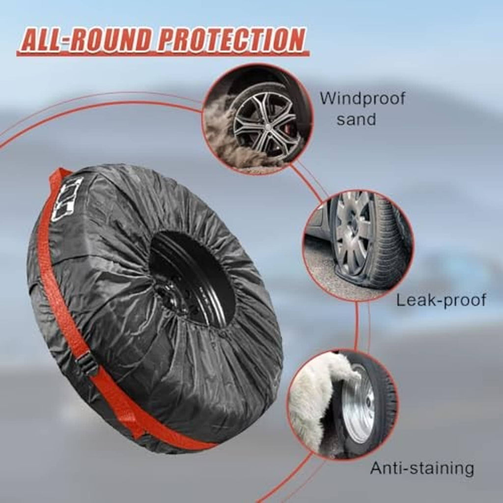 Wheel cover with orange trim showing windproof, leak-proof, and anti-stain protection
