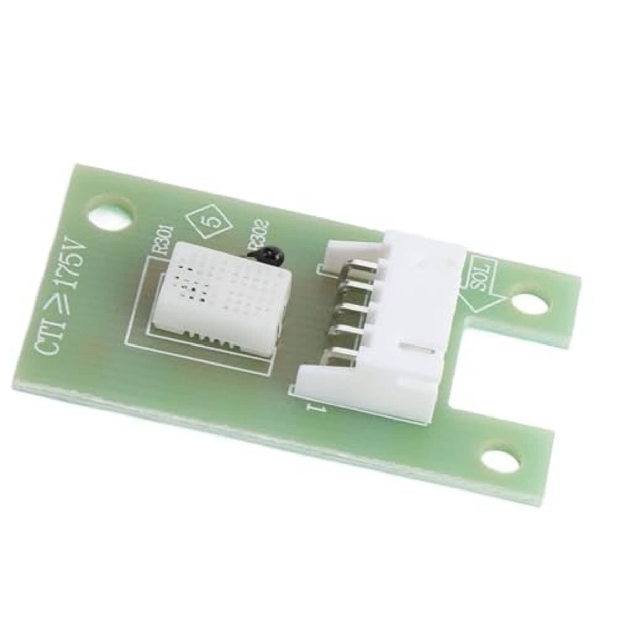 Green humidity sensor circuit board with white connector, black sensor part, and terminal strip