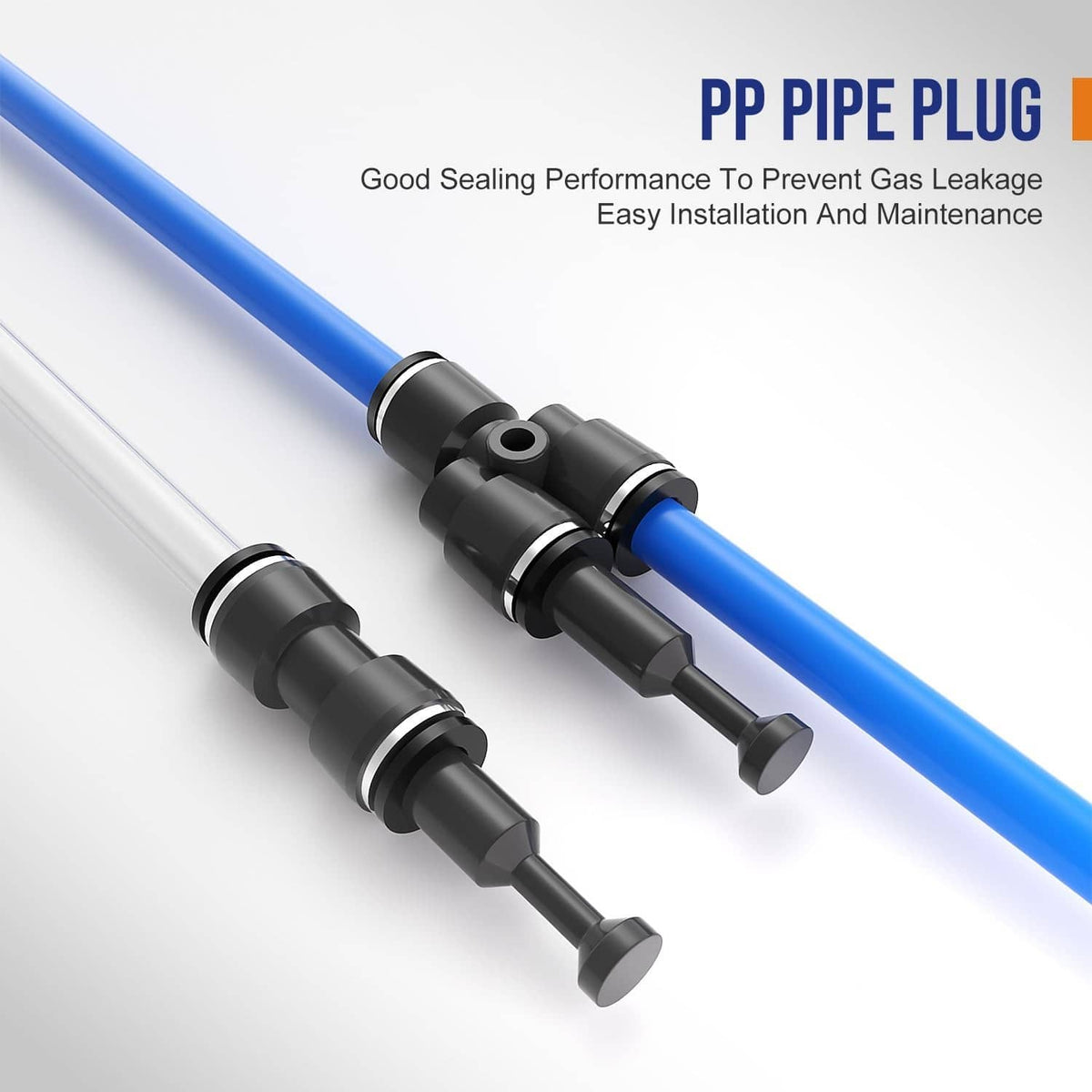 Black push-to-connect tube plugs fitted onto blue tubing