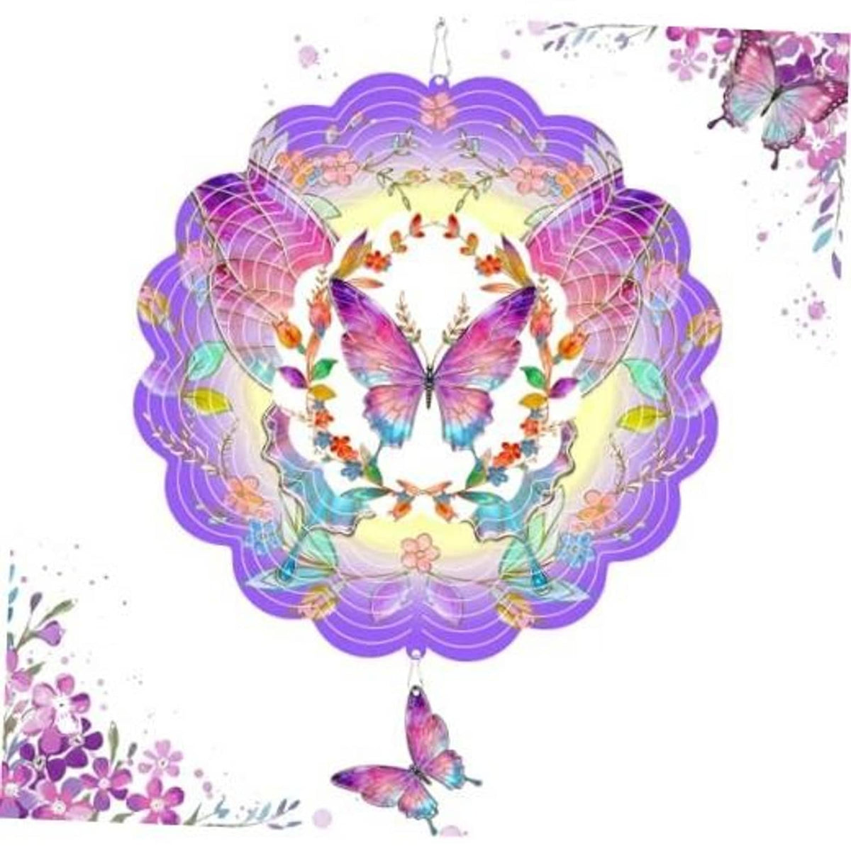 Purple 3D metal wind spinner with colorful butterflies and hanging butterfly ornament
