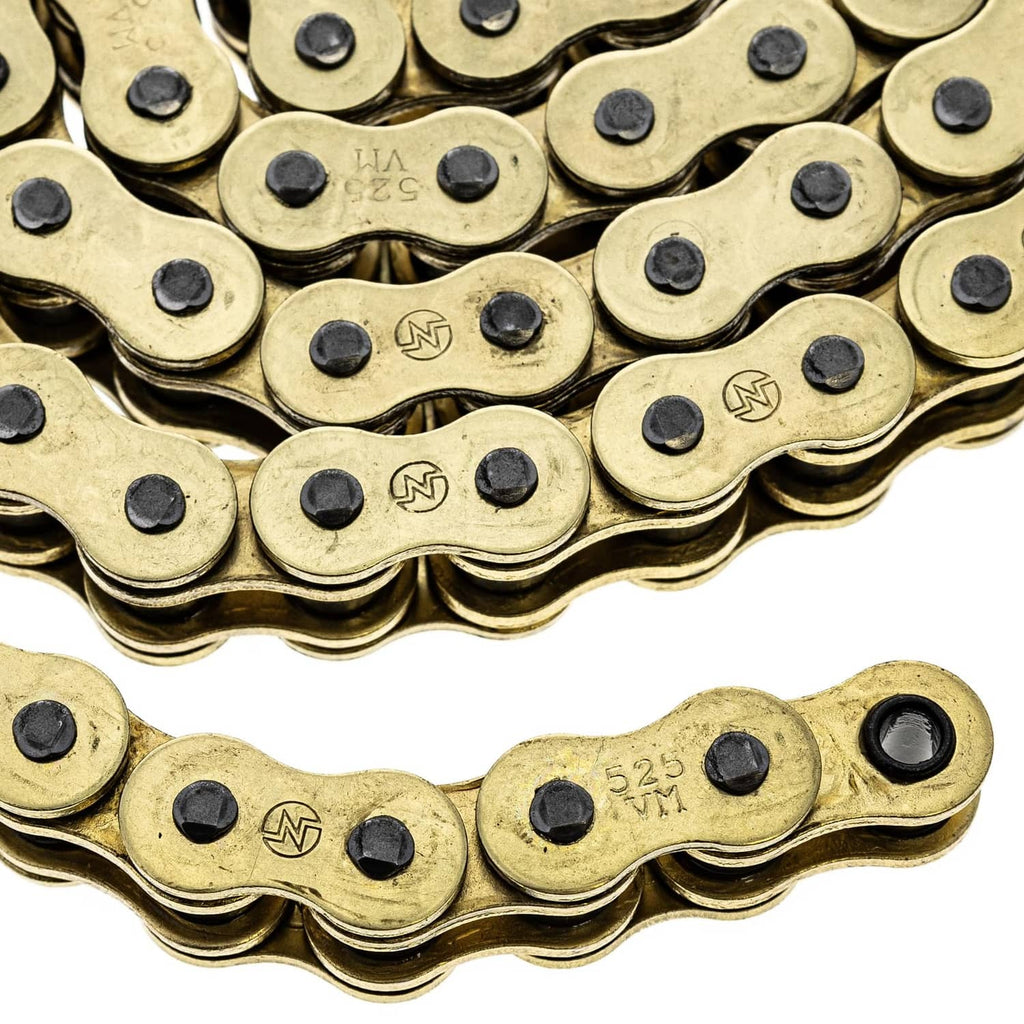 Gold X-ring drive chain close-up with black O-rings on link plates