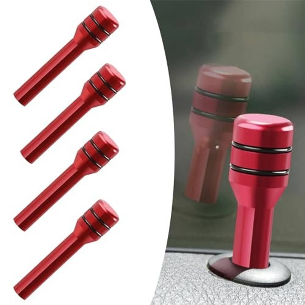 Four red car door lock pull pins with black ring collars on white background