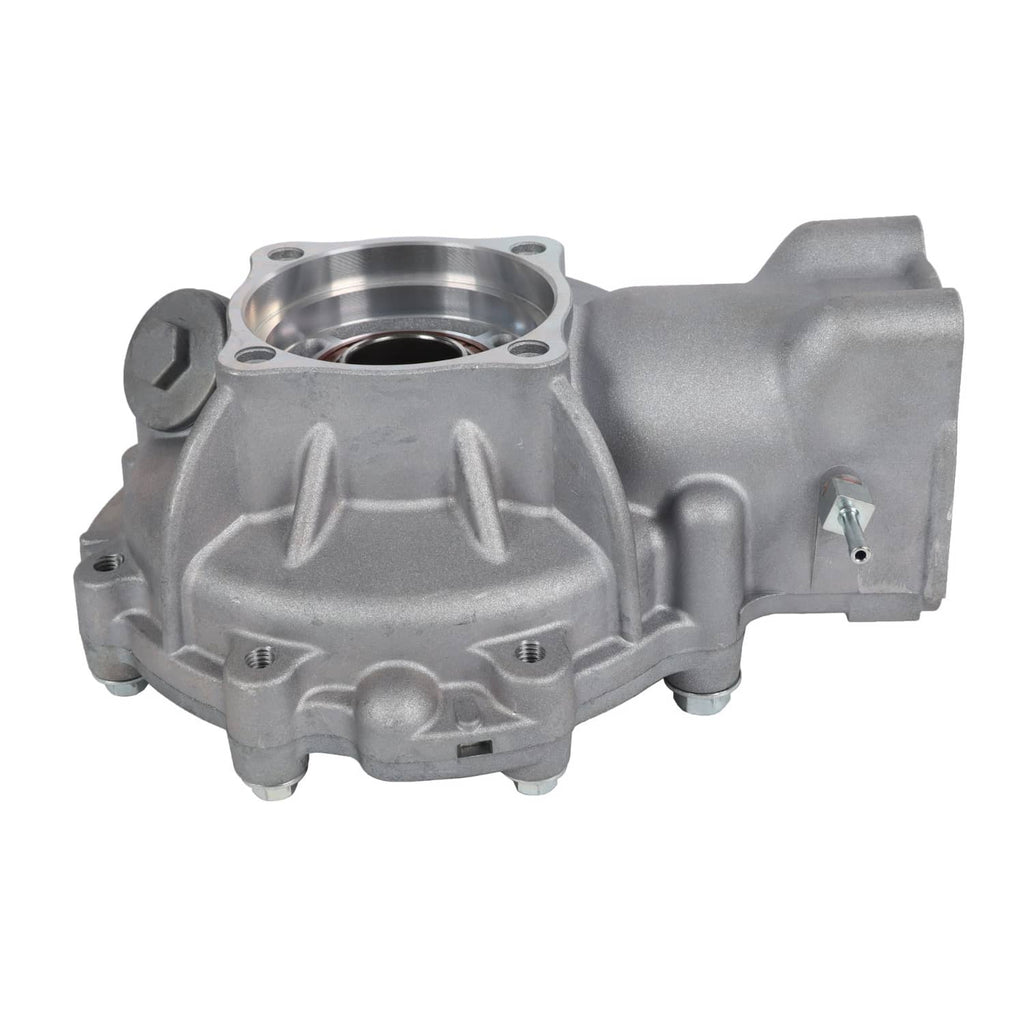 Rear differential gear case side view with outlet flange and silver cast housing