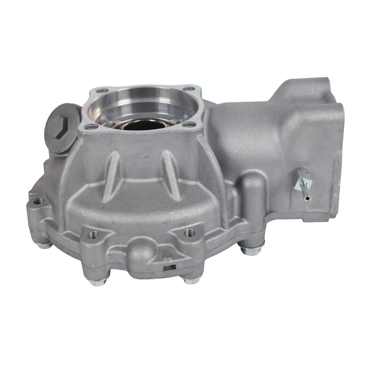 Rear differential gear case side view with outlet flange and silver cast housing