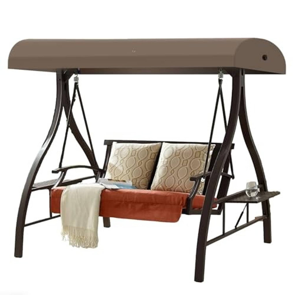 Brown-beige porch swing canopy top mounted above swing chair frame with hanging ropes