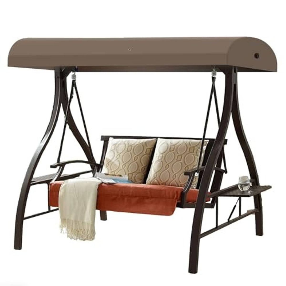 Brown-beige porch swing canopy top mounted above swing chair frame with hanging ropes