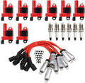 Ignition coil and spark plug wire kit with red leads, black boots, and silver plugs