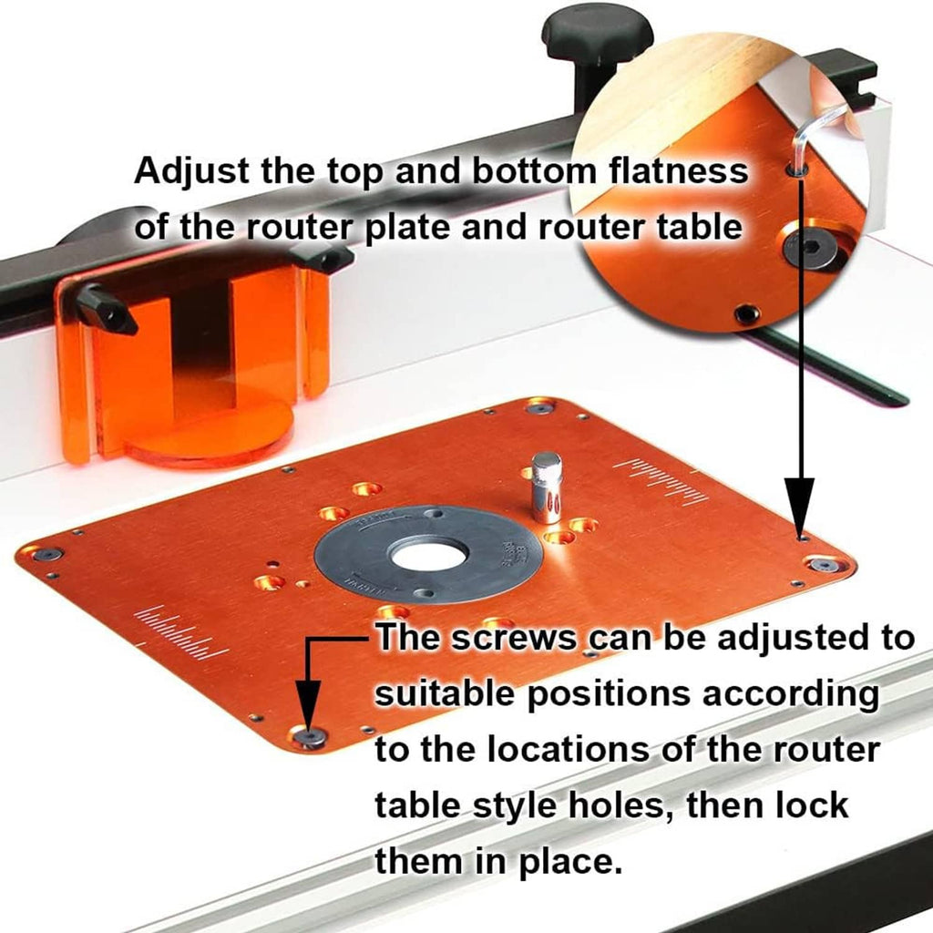Orange router table insert plate with black center ring and adjustable leveling screws