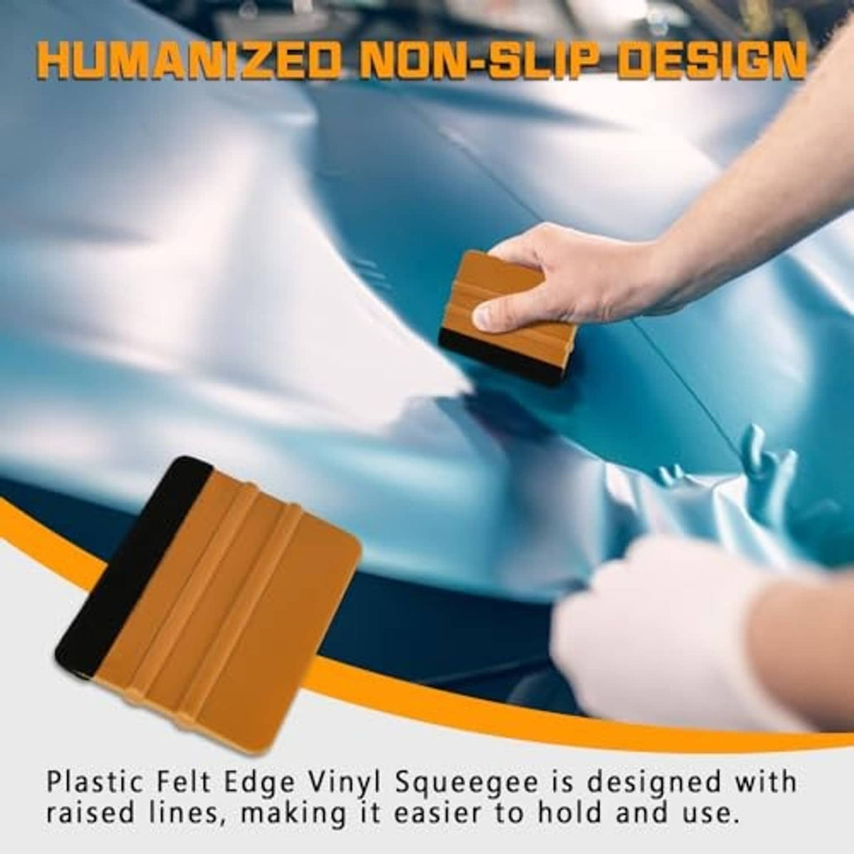 Vinyl squeegee with orange non-slip handle and black felt edge for applying car film