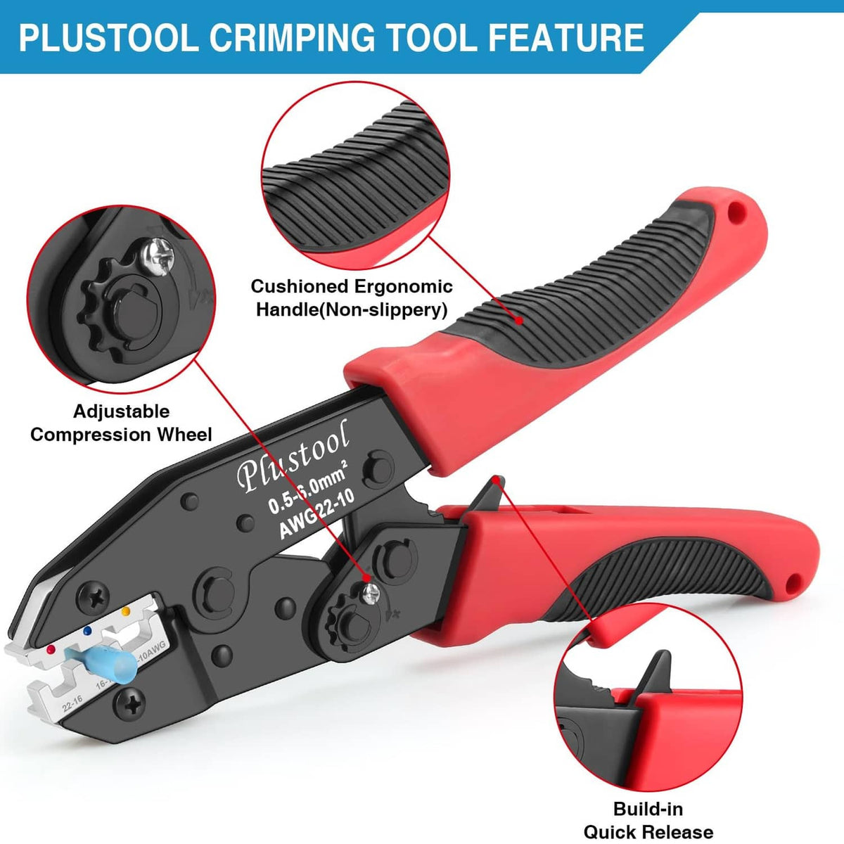 Ergonomic ratcheting crimp tool with cushioned non-slip red-and-black grips