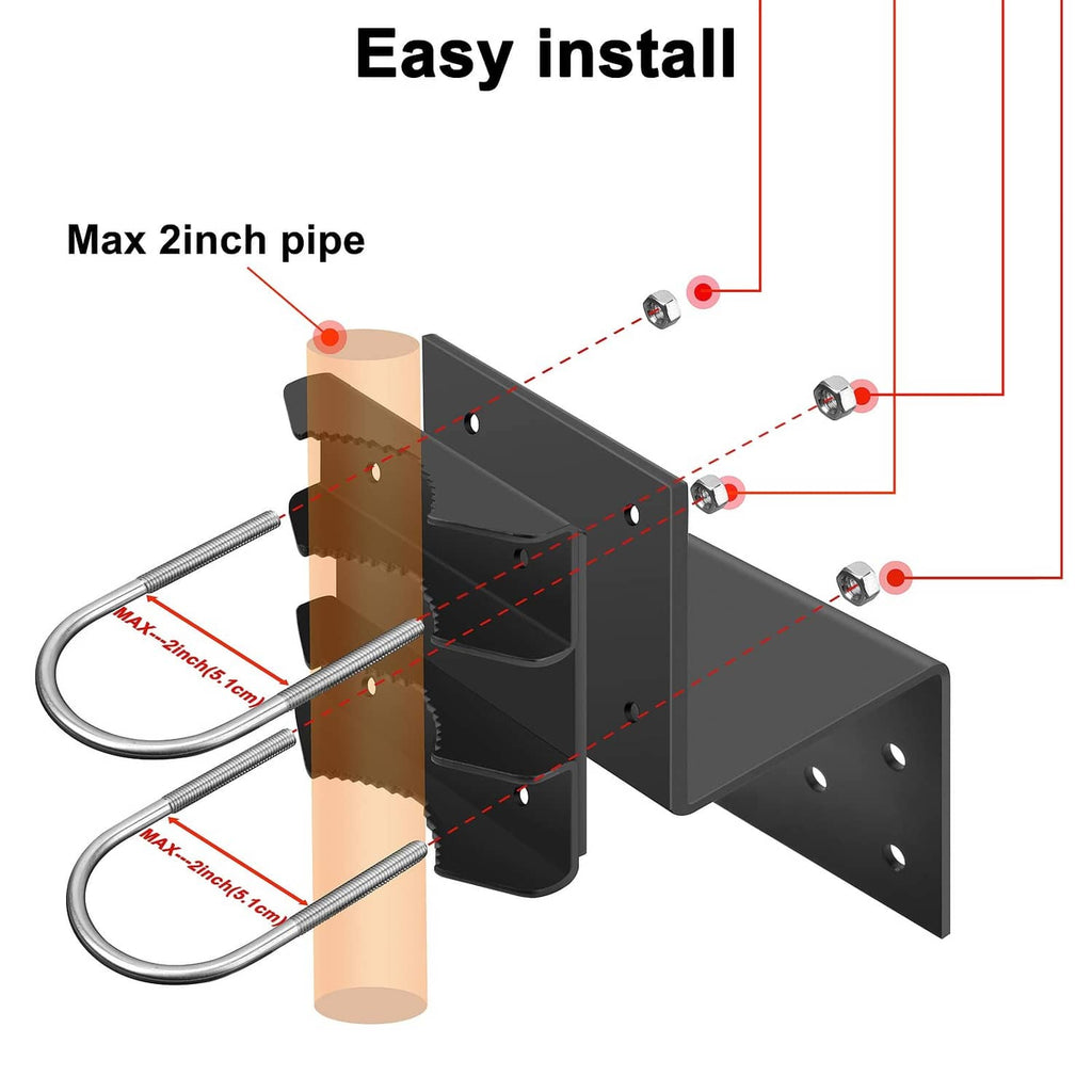 Black antenna pole mount bracket with U-bolts for securing to a vertical pipe