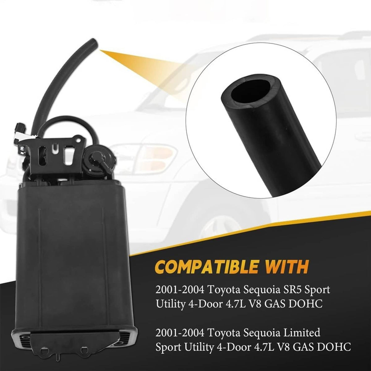 Fuel vapor charcoal canister with long hose and teal tip, black rectangular housing