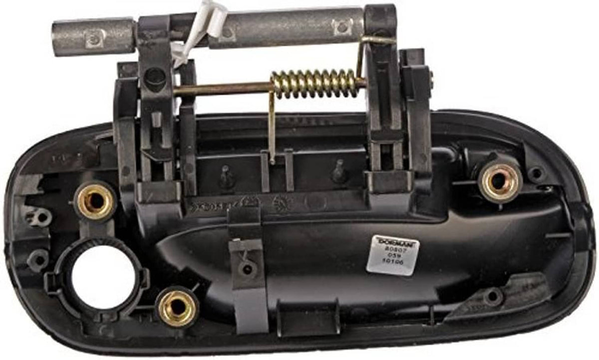 Black exterior door handle with internal brackets and gold connector pins