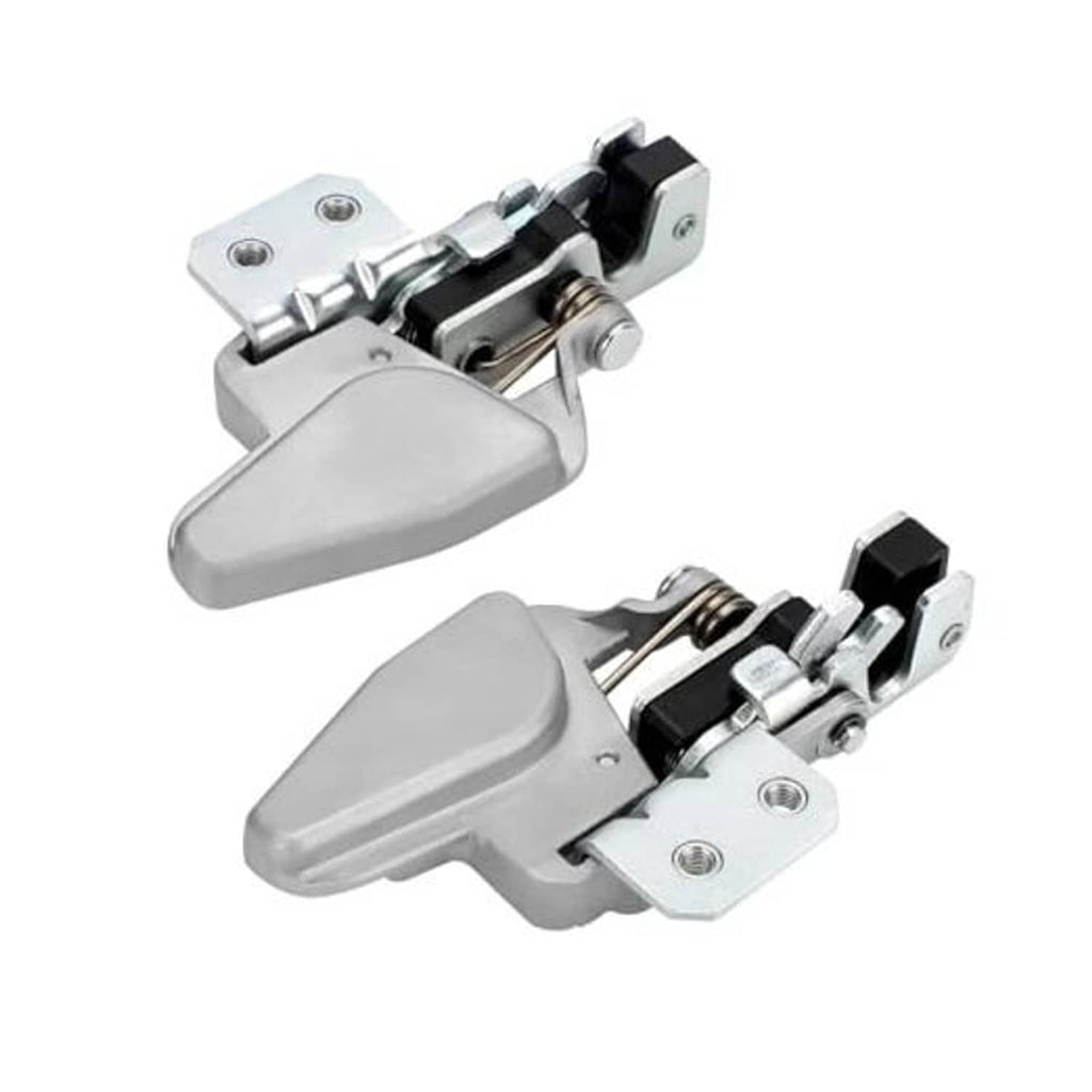 Pair of silver door latch locks with black release latch and mounting plate hardware