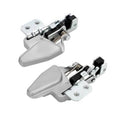 Pair of silver door latch locks with black release latch and mounting plate hardware
