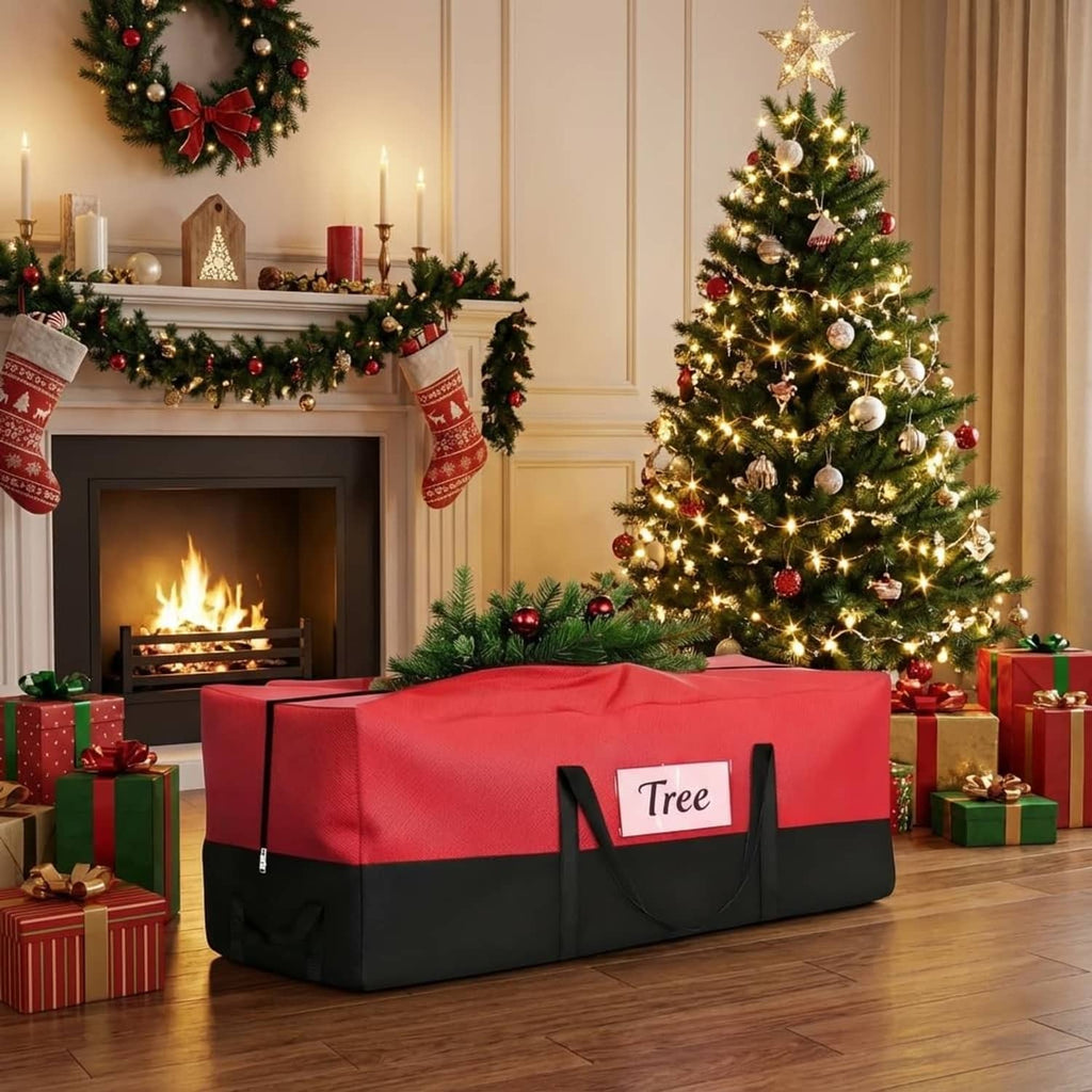 Red and black Christmas tree storage bag with two side carry handles for easy moving.
